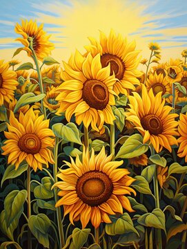 Sunflower Field Paintings: Golden Petals Landscape Wall Art