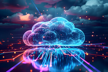 Digital data processing in the virtual cloud abstract background. Glowing digital cloud with pixels, lines, connectivity, and data flow in the virtual world. Cloud computing Background.