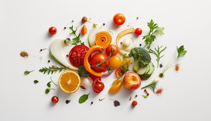 Artistic Display of Fresh Vegetables and Fruits with Herbs and Spices on White Background