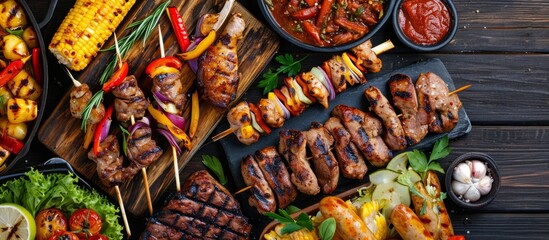 Top view of a barbeque party picnic flatlay featuring a variety of grilled summer bbq dishes like shish kebab skewers, grilled corn, salad, bonfire fried chicken, steak, sausages, and vegetables.