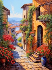 Fototapeta na wymiar Sunlit Tuscan Street Paintings: Landscape Poster Featuring Illustrated Tuscan Lanes