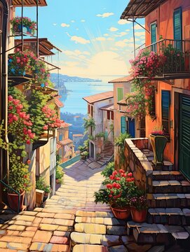 Sunlit Tuscan Street Paintings: Captivating Island Artwork and Enchanting Streetscapes