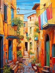 Fototapeta na wymiar Sunlit Tuscan Street Paintings: Captivating Vibrant Landscape and Colorful Alleys