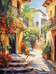 Fototapeta na wymiar Sunlit Tuscan Street Paintings: Captivating Coastal Scenes & Tropical Beach Art