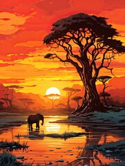 Sunset Safari Silhouettes: Island Artwork Embracing the Safari Island