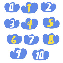 Numbers 0 - 10. Clouds. Study counting for children. Flat design. Hand drawn vector illustrations