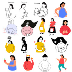 Set of pregnant women. Doctor consultation, healthy food, stress, love, mental health. Vector illustrations