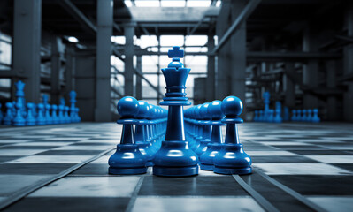 A chessboard with blue pieces and a king in the middle, symbolizing leadership and strategy in business, generative AI