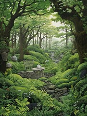 Tranquil Tea Garden Scenes - Whispering Willows Woodland Art Print.