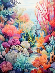 Fototapeta na wymiar Tropical Coral Reef Dreamscape: Abstract Paintings with Vibrant Coral Patterns and Marine Colors