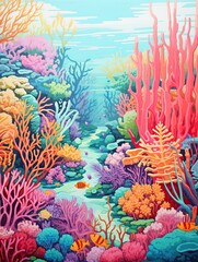 Fototapeta na wymiar Colorful Coral Reefs: Vibrant, Tropical Acrylic Paintings with Lush Landscapes
