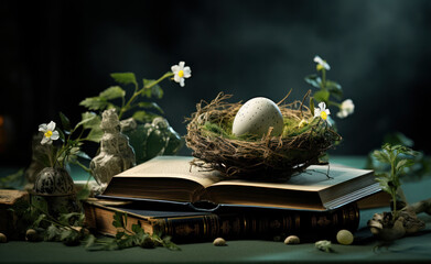 A bird's egg in the nest on a magical book, unveiling a world of fantastical wonders, generative AI