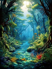 Tropical Coral Reef Paintings: Exploring Rainforest Landscapes and Aquatic Forests in Dense Coral Regions.