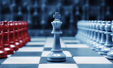 A chessboard with blue pieces and a king in the middle, symbolizing leadership and strategy in business, generative AI