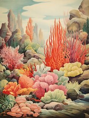 Tropical Coral Reef Paintings: Vintage Art Print of Stunning Coral Formations and Beachscapes
