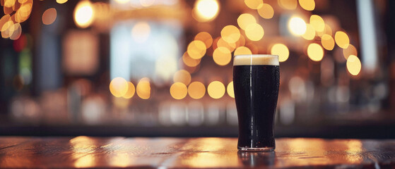 Glass pint of cold draft light lager or dark ale brewed beer with foam on table background. Brewery or pub bar advertising. Oktoberfest festival alcohol beverage or Saint Patricks day drink concept .