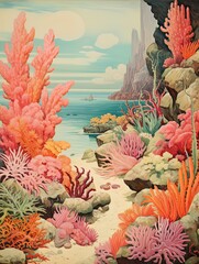 Fototapeta na wymiar Vintage Tropical Coral Reef Paintings: Dazzling Coral Formations in this Beach Art Print