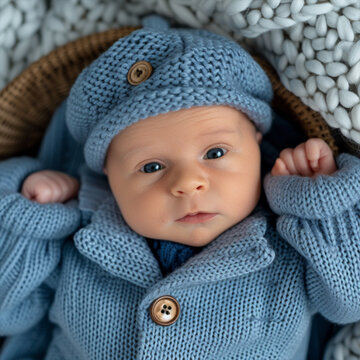 A newborn baby in a blue suit. The first photo session of a newborn ai technology