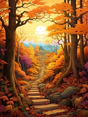 Vibrant Autumnal Forests: Rolling Hills Art - The Amber Autumn Ascent