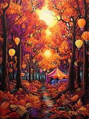 Vibrant Mardi Gras Scenes: Autumn Landscape Painting of Fall Festivities