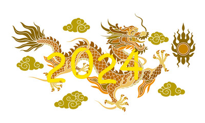 Chinese new year 2024 Tradition Chinese dragon graphics Line patterns on a flat colorful background are used for decoration.