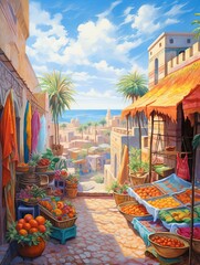Vibrant Marrakech Market Scenes: Coastal Traders - Beach Scene Painting