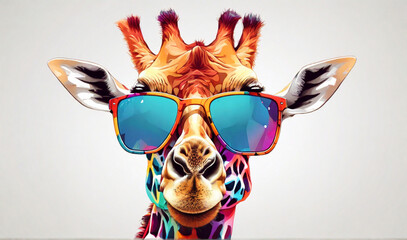 Cartoon colorful giraffe with sunglasses on white background. Created with generative AI