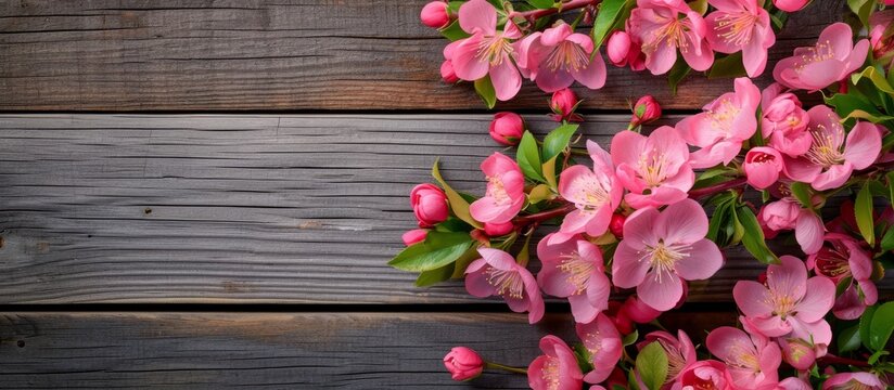 Mothers Day with a branch of blooming flowers on a wooden backdrop.