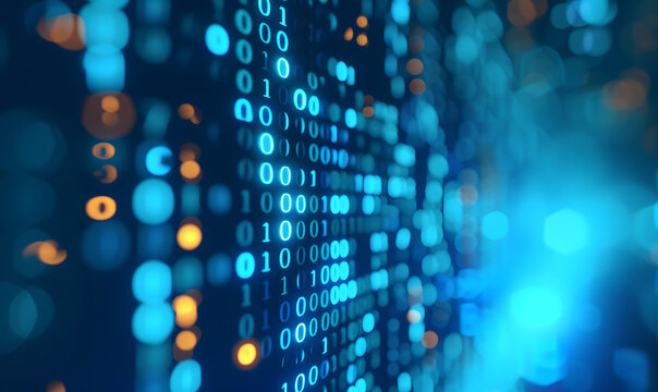 Binary data over a blue background with blurry pixels, featuring a bokeh effect. The illustration showcases blue digital binary code on a computer screen, creating a technological and abstract visual.