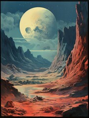 Vintage Space Exploration Posters: Mountain Landscape Art featuring Cratered Moon Surface