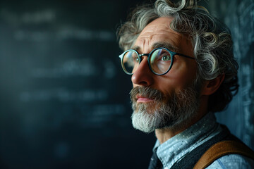 Intelligence, education banner with copy space. Portrait of a senior smart male professor in glasses against background of a black chalkboard in classroom