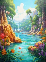 Enchanting Whimsical Fairy Tale Scenes: Beach, Mermaid, and Valley Landscape Painting