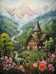 Whimsical Fairy Tale Scenes: Rustic Wall Decor and Classic Mountain Landscape Art