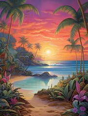 Magical Twilight Landscapes: Whimsical Fairy Tale Scenes and Tropical Beach Art on Enchanting Fairy Tale Islands