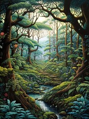 Fototapeta premium Whimsical Fairy Tale Tree Line Art: Enchanting Magical Woods Seascape Print.