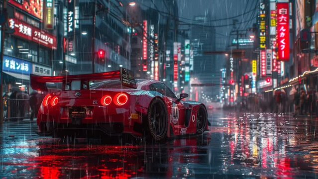 Red sport car with rainy vibes in Japanese city. seamless looping 4k time-lapse animation video