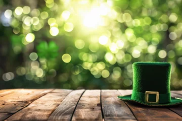 Foto op Plexiglas Saint Patricks Day hat on table, irish holiday traditional lucky symbol leprechaun green color hat costume element festive carnival party lucky clover background. Happy St Patrick Day concept . © Synthetica