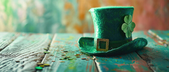 Saint Patricks Day hat on table, irish holiday traditional lucky symbol leprechaun green color hat costume element festive carnival party lucky clover background. Happy St Patrick Day concept . - obrazy, fototapety, plakaty