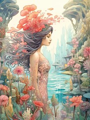 Beautiful Whimsical Mermaid Sketches: Coral Garden Beauty & Garden Scene Art