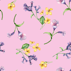 Medicinal plants watercolor seamless pattern isolated on pink background. Pulmonaria officinalis purple flower hand drawn. Painted celandine herb plant. Design for label, package, textile, wrapping