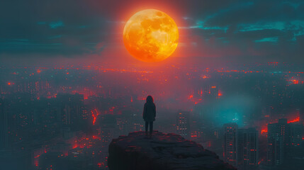 Person on cliff watching the rising big orange moon from behind a cyberspace cityscape wallpaper background
