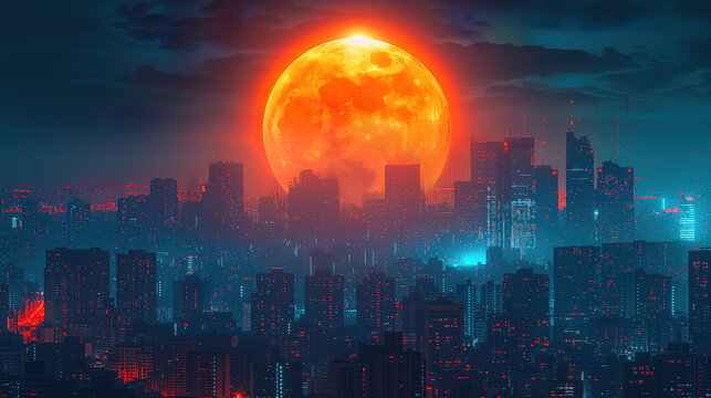 Big beautiful orange moon behind the cyberspace cityscape at night wallpaper background