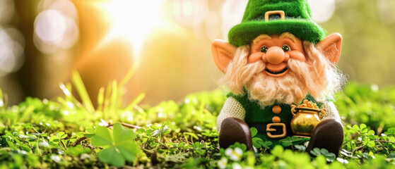 Happy St Patrick Day concept. Funny happy small bearded with gold pot toy leprechaun wearing hat and costume on green bokeh background. Saint Patricks Day irish holiday traditional lucky symbol .