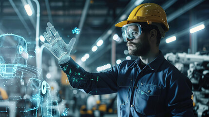 wallpaper of a high resolution craftsman with AI assistant and robot, transparent hologram on construction side