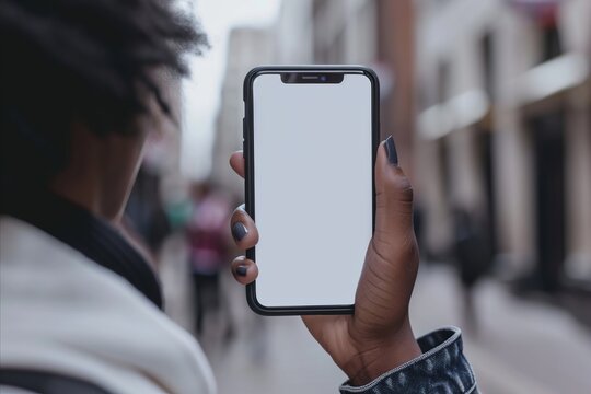 Mockup image of a woman's hand holding a smartphone with a white screen in the street
