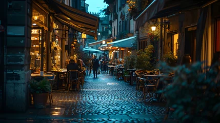 Selbstklebende Fototapeten A street cafe, with cobblestone streets as the background, during a lively summer evening in Florence © CanvasPixelDreams