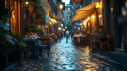 Foto op Canvas A street cafe, with cobblestone streets as the background, during a lively summer evening in Florence © CanvasPixelDreams