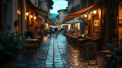 Foto op Canvas A street cafe, with cobblestone streets as the background, during a lively summer evening in Florence © CanvasPixelDreams