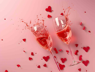 Happy celebration with two glasses of champagne or wine on pink background, decorated with small red hearts and water splashes, perfect for a romantic Valentine's Day or a special anniversary party.