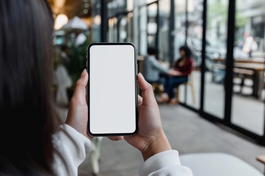 Mockup image of a woman holding smart phone with white screen in cafe